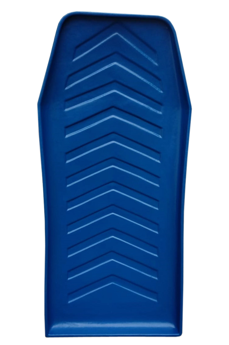 Blue rotomoulded chute with chevron-ribbed base