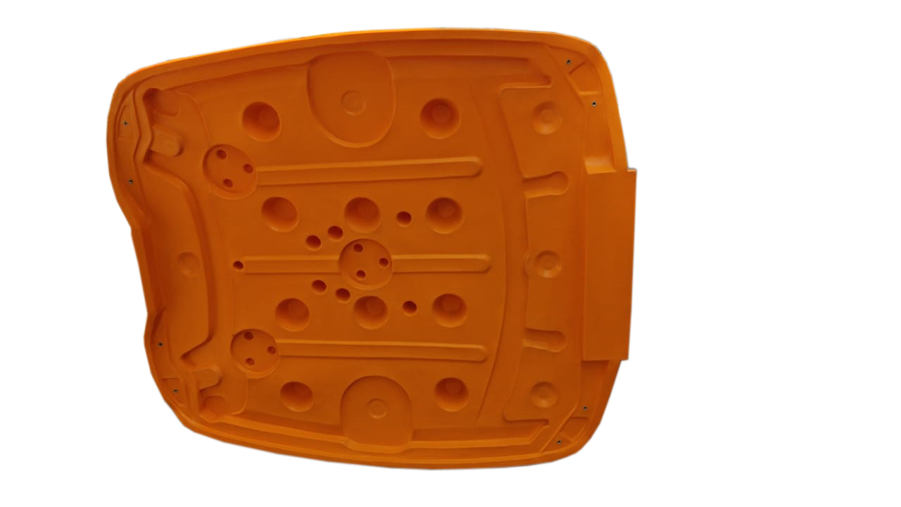 Orange rotomoulded pallet base with moulded ribs and holes