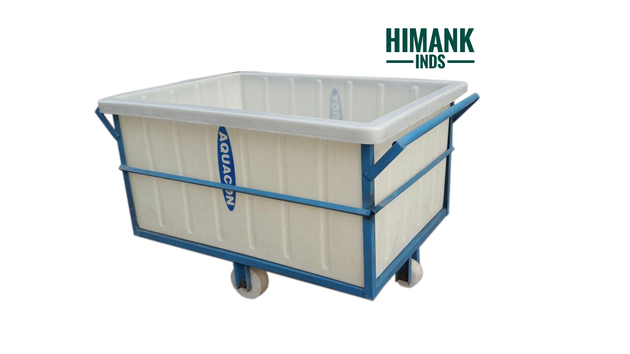 AQUACON white rotomoulded tub on a blue steel trolley with castors